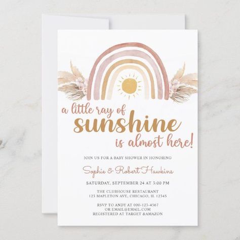 Rainbow Baby Shower Theme, Girl Shower Themes, Rainbow Baby Shower Invitations, Baby Shower Boho, Bohemian Baby Shower, Sunshine Baby Showers, Gender Neutral Baby Shower Invitations, Boho Baby Shower Invitations