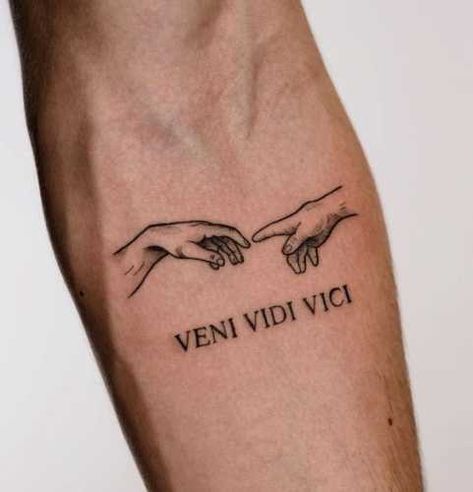 17 Veni Vidi Vici Tattoo Ideas: Empowering Phrases Inked with Pride - besttattoo.wiki - Unveiling Exquisite Ink Art The Creation Of Man Tattoo, Vena Amoris Tattoo, Tatoos Men Ideas Arm, Vidi Vici Veni Tattoos, Veni Visit Vici Tattoo, Veni Vidi Vici Tattoo Design Women, Veni Vidi Vici Tattoo Men Arm, Men's Arm Tattoo Ideas Design, Mmvii Tattoo Ideas