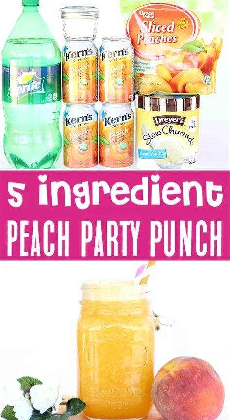 Peach Party Punch Recipe! {Just 5 Ingredients} - The Frugal Girls Peach Themed Birthday Party Food, Peach Party Punch, Party Punch Recipe, Peach Punch, Girly Drinks, Party Punch Recipes, Peach Baby Shower, 1st Birthday Party For Girls, Peach Party