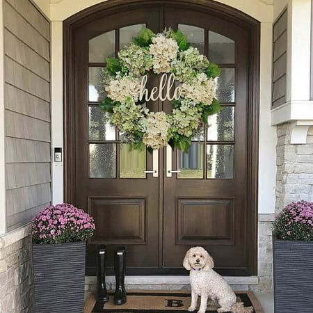 Welcome to our shop, your satisfaction is our greatest honor! Size: One Size.  Color: White. White Flower Wreaths For Front Door, August Front Porch Decor, Decorate Front Door Entrance, Double Front Door Decor, Double Door Decor, Double Front Door Wreaths, Door Wreaths Summer, Summer Front Door Decor, Front Door Decor Ideas