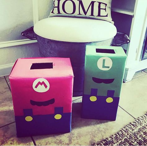 Mario and Luigi valentine boxes for school. Luigi Valentines Boxes, Luigi Valentine Box Ideas, Mario Valentines Boxes For Boys, Tide Pod Container Valentine Boxes, Super Mario Valentine Boxes, Mario Valentines Boxes, Valentines Boxes For Kids School, Spencer James, Valentine's Boxes