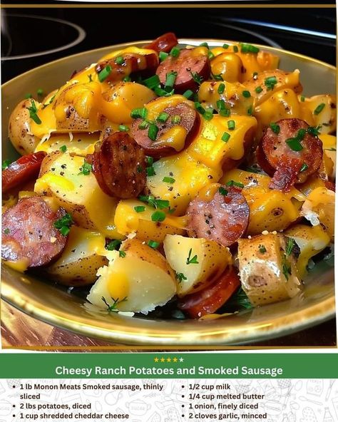 grandma's Favorite Recipes | Dig into the heartiness of our Cheesy Ranch Potatoes and Smoked Sausage Casserole tonight | Facebook Cheese Smoked Sausage Recipes, Cheesy Ranch Potatoes And Smoked Sausage, Cheesy Ranch Potatoes And Sausage, Potatoes And Smoked Sausage, Smoked Sausage Casserole, Potatoes And Sausage, Cheesy Ranch Potatoes, Cheesy Ranch, Smoked Sausage Recipes