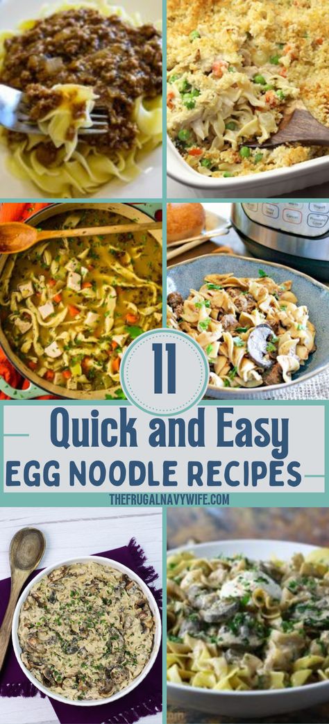 Don't settle for take out or frozen meals tonight. Check out our easy egg noodle recipes to satisfy your cravings in a flash! #eggnoodlerecipes #dinner #dinnerideas #frugalnavywife #easymeals #quickrecipes #weeknightmeals #budgetmeals | Budget Meals | Egg Noodle Recipes | Dinner Recipes | Easy Meals | Quick Recipes One Pot Egg Noodle Recipes, Wide Noodle Pasta Recipes, Recipes Using Reames Egg Noodles, Frozen Egg Noodles Recipes, Recipes That Use Egg Noodles, Quick Egg Noodle Recipes, Egg Noodle Meals, Easy Egg Noodle Recipes Dinners, Dinner Recipes With Egg Noodles