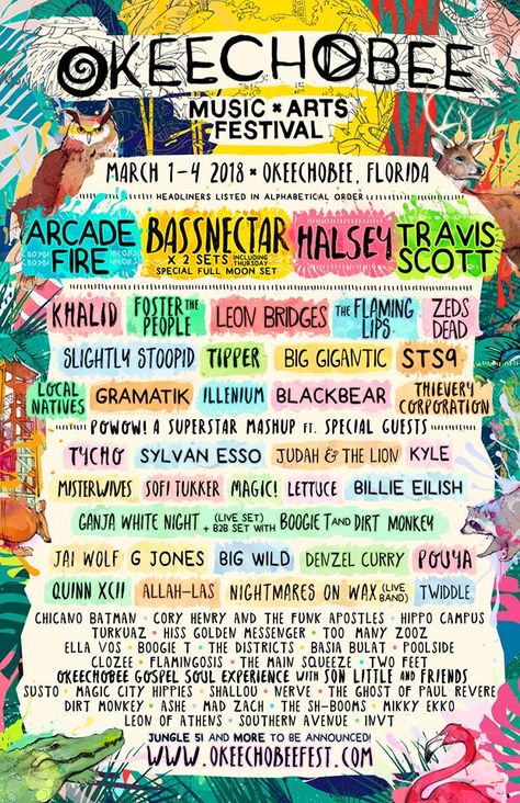 Lineup for the Okeechobee Music & Arts Festival is here! LIMITED Tier 1 passes now available! Click to purchase tickets! #OMF18 See you in March! Okeechobee Music Festival, Okeechobee Florida, Music Festival Camping, Edm Music Festivals, Concert Poster Design, Arcade Fire, Music Festival Poster, Festivals Around The World, Festival Camping