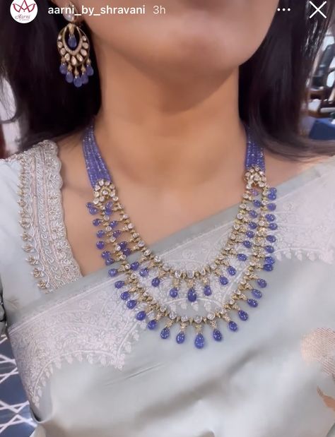 Tanzanite Gold Jewelry, Light Pink Beads Indian Jewellery, Tanzanite Jewelry Necklaces Indian, Beaded Jewelry Gold Indian, Purple Beads Jewelry Indian Gold, Tanzanite Necklace Indian, Beads Jewelry Indian Gold Latest, Beads Necklace Designs Indian, Blue Beads Indian Jewellery