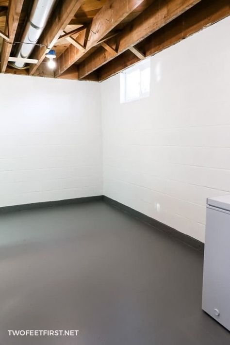 How-to-paint-a-concrete-floor Paint Laundry Room Floor Concrete, Redo Basement Floor, Painted Floor Basement, Painted Cement Walls Basements, Basement With Painted Concrete Floors, Dark Basement Flooring, Gray Painted Concrete Floors, Paint Basement Concrete Walls, Basement With Concrete Walls