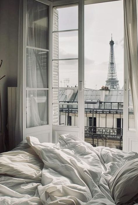 Coastal Parisian Aesthetic, Paris View From Window, Paris House Interior, Paris Window Aesthetic, Hotel Aesthetic Bedroom, Paris Room Aesthetic, Paris Houses Interior, Paris Vision Board, Paris Bedroom Aesthetic