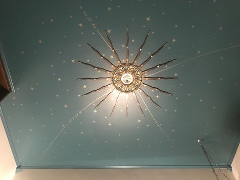 Star Ceiling Medallion, Gold Leaf Star Ceiling, Sun Ceiling Design, Celestial Ceiling Light, Blue Ceiling With Stars, Unique Ceiling Ideas Bedroom, Gold Recessed Lighting, Blue Ceiling Gold Stars, Gold Stars On Ceiling