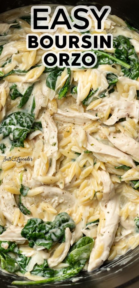 a pot of orzo pasta with text overlay that reads easy boursin orzo Chicken And Pasta Healthy, Corn Orzo Boursin, Boursin Pesto Orzo, Chicken Sausage With Orzo Boursin, Chicken Orzo Bake One Pot, Boursin Chicken And Orzo, Boursin Cheese Crockpot, One Pot Boursin Orzo, Orzo Baked Chicken