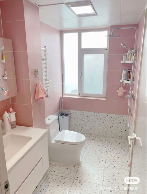 Aesthetic Washroom Ideas, Pink Pastel Bathroom, Bathroom Ideas For Women, Pink Toilet Room, Pastel Bathroom Aesthetic, Baby Pink Bathroom, Aesthetic Washroom, All Tile Bathroom, White And Pink Bathroom