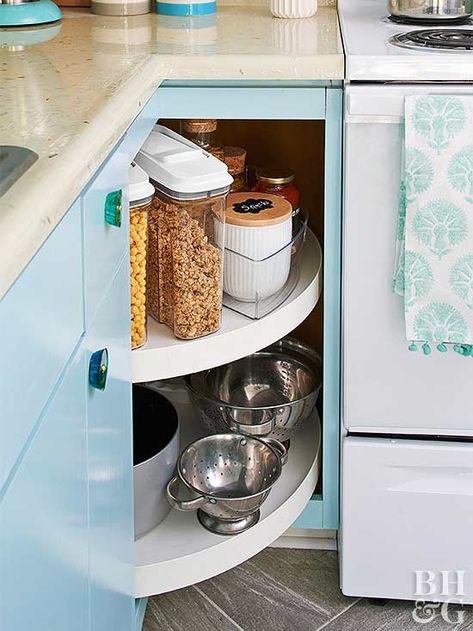 What Do You Put In A Lazy Susan Cabinet, Pearl Countertop, Countertop Edges, Shelves Large, Lazy Susan Cabinet, Awkward Corner, Fridge Shelves, Corner Space, Corner Storage