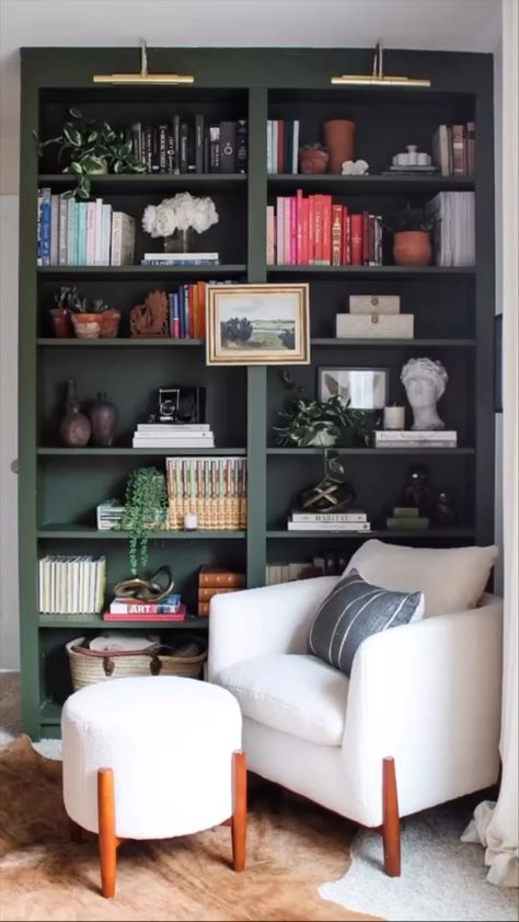 Dark Brown Bookshelf, Dark Green Bookshelf, Green Bookshelf, Dark Wood Bookcase, Green Bookshelves, Brown Bookshelves, Wall Arrangements, Bookcase Bedroom, Grey Shelves