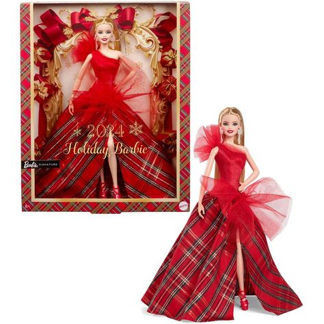 The 2024 Holiday Barbie doll embodies the warmth and love of the season with a festive gown and party look! Showcasing gorgeous drama, the dress pairs a draping, one-shoulder, sparkling red bodice with a full, plaid ballgown-style skirt. Big tulle accents are a modern take on a classic look. In packaging that's ideal for display, this collectible doll makes a great gift for 6 year olds and up. Includes doll stand and Certificate of Authenticity. Doll cannot stand alone. Colors and decorations ma Barbie Signature, Blonde Fashion, Barbie Style, Holiday Barbie, Red Gowns, Platinum Blonde Hair, Barbie Collection, Mattel Barbie, Dark Brown Hair