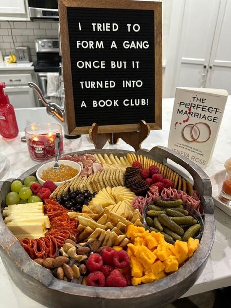 Book Party Snack Ideas, Book Signing Food Ideas, Valentines Book Club Party, Italian Book Club Food, Charcuterie Board Book Club, Galentines Party Book Club, Snack Ideas For Book Club, Book Club Vision Board, Book Club Tea Party Ideas