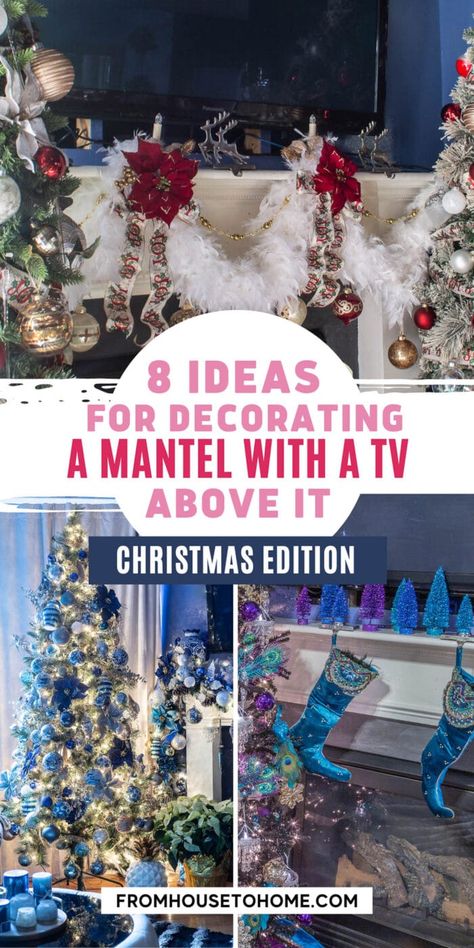 These ways to decorate a Christmas mantel with a TV above it are awesome! The fireplace mantel decorating ideas are so pretty, you don't even notice the TV! Garland Above Fireplace, Christmas Mantel With Tv Above, Christmas Mantels With Tv, Mantel Decorating Ideas, Christmas Colour Schemes, Christmas Mantel Decor, Mantel Decor Ideas, Glam Christmas Decor, Mantel Decorating