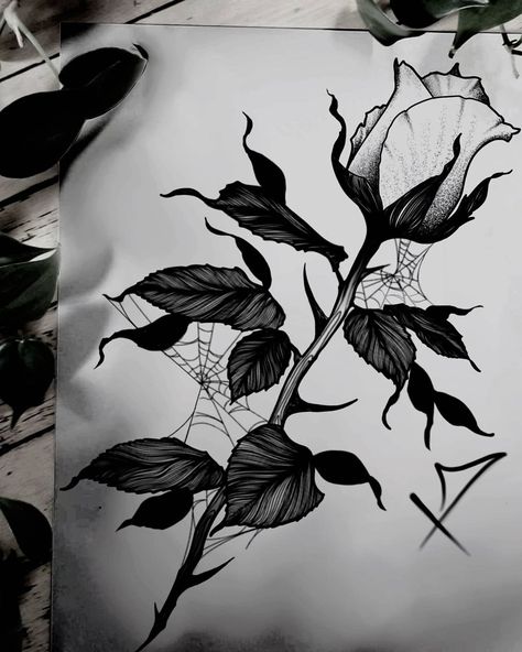 🦇 Mathieu Lortie 🦇 on Instagram: “🖤 Dark rose available for tattoo🖤 #rose #rosetattoo #flower #witch #witchcraft #witchcrafttattoo #flowertattoo #tattoo #flash #flashsheet…” Dark Flower Design, Spooky Rose Tattoo, Dark Flower Tattoo Design, Dark Rose Drawing, Flower Tattoos Dark, Burning Flower Tattoo, Dark Flower Drawing, Creepy Flower Tattoos, Dark Flower Tattoos