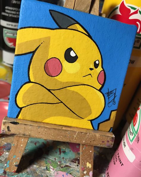 Pokemon Oil Pastel Drawing, Pikachu Painting Easy, Cute Paintings Cartoon, Simple Pokemon Painting, Anime Painting Acrylic Easy, Pokemon Art Projects, Pokemon Canvas Art, Anime Canvas Art Paint Easy, Pokémon Painting Ideas