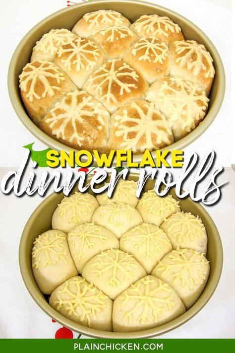 Snowflake Dinner Rolls - the perfect addition to your holiday dinner table. Rolls topped with a hand-drawn butter mixture made with butter, flour, and hot water. Can draw any design on the rolls. These rolls are great for any holiday, cookouts, and potluck. A great recipe to let the kids help with! #bread #christmas Christmas Rolls Dinner, Christmas Dinner Rolls, Thanksgiving Slow Cooker, Rhodes Rolls Recipes, Drawn Butter, Bread Christmas, Christmas Rolls, Dinner Rolls Easy, Frozen Rolls