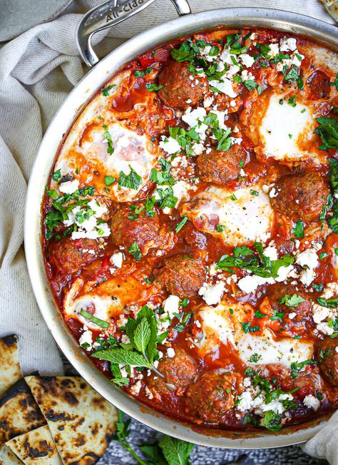 This warmly spiced shakshuka with lamb meatballs is swoon-worthy for breakfast, lunch or dinner. Lamb Shakshuka, Meatball Shakshuka, Lamb Meatballs Recipe, Eastern Recipe, Meatballs And Rice, Shakshuka Recipes, Spicy Meatballs, Tagine Recipes, Lamb Meatballs