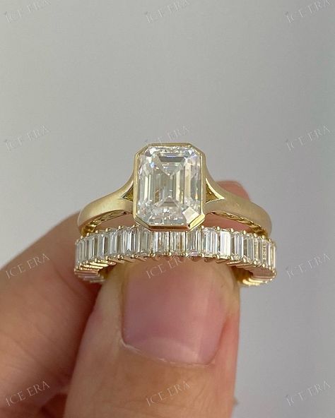 "1.55CT Emerald Cut Moissanite Engagement Ring Set Emerald Solitaire Wedding Ring Set Channel Set Baguette Full Eternity Bridal Band For Her ... About Product ...  ⋅ Type: Moissanite Diamond. ⋅ Stone Shape: Emerald Cut. ⋅  Stone Size : 8*6 MM Approx. ⋅ Carat Weight : 1.55 CT Approx. ⋅ Total Carat Weight : 8.18 CTW  Approx. ➦ Buy directly from the manufacturer - No Mediator 100% Transparency. ➦ 5 Times Quality Check Before Dispatching to ensure that every aspect of your order meets our high       standards of excellence. ➦ If you have any additional questions, just hit the \"Ask a Question\" button (just to the right of the price)       and we will get back you within a few hours. ✪ ... Custom Order ... ✪  ⋅  I welcome all kinds of Custom orders. ⋅  If you would like to change the designs a Emerald Engagement Ring Baguette Band, Emerald Diamond Engagement Ring With Wedding Band, Rectangle Bezel Engagement Ring, Plus Size Engagement Rings, Think Band Engagement Ring, Cool Wedding Rings Unique, Emerald Engagement Ring And Band, Crazy Engagement Rings, Wedding Stack Emerald Cut