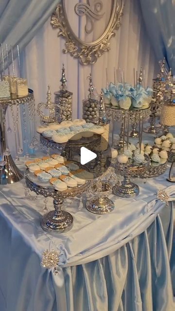 Quince Cake Table Ideas, Quinceanera Treat Table, Blue Quinceanera Decor, Winter Wonderland Sweet 16 Cake, Quinceanera Dessert Table Ideas, Quinceañera Table Set Up, Quinceanera Main Table, Sweet 16 Table Decorations, Wedding Cake Table Set Up