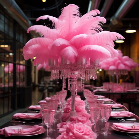 Pink Feather Table Decor, Pink Glitz And Glam Party Decorations, Barbie Galentines Party, Pink And Pearl Theme Party, Pink Feather Party Decor, Pink Friday Party, Shades Of Pink Decorations Party, Barbie Carnival Party, Barbie Party For Women