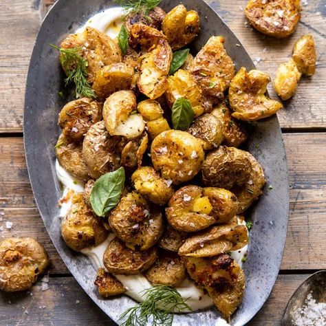 Crispy Salt and Vinegar Smashed Potatoes. - Half Baked Harvest Half Baked Harvest Artichoke, Chicken Saltimbocca, Half Baked Harvest Recipes, Crispy Smashed Potatoes, Vegan Summer Recipes, Salt And Vinegar, Chicken Corn, Gold Potatoes, Yukon Gold