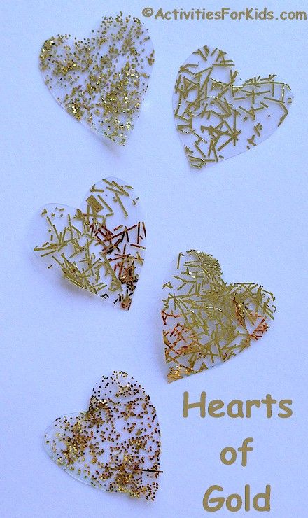 Hearts of Gold Craft for kids, heart stencils at ActivitiesForKids.com Gold Crafts For Kids, Anniversary Crafts, Golden Party, Easy Holidays Crafts, Sensory Crafts, Anniversary Art, Valentine Activities, Holiday Crafts For Kids, Church Crafts