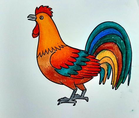 Simple Drawing With Color, How To Draw Chicken, How To Draw A Rooster, Hen Drawing Easy, Hen Drawing For Kids, Drawing For Class 3, Drawing Rooster, Hen Drawing, Hen Or Rooster