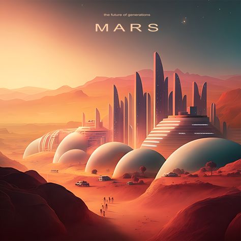 Mars Future City, Mars Concept Art, Nasa Punk, Mars Colonization, Mars City, Mars Illustration, Space Colonization, Colonization Of Mars, Martian Chronicles