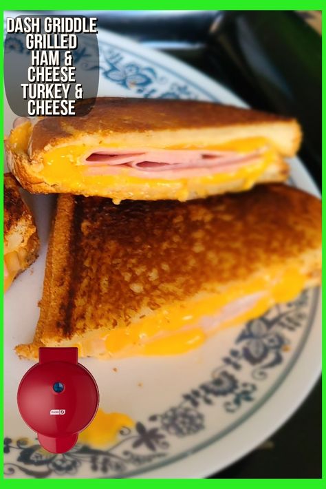 Picture of golden crispy grilled ham and cheese sandwich and turkey and cheese sandwich Mini Maker Griddle Recipes, Dash Mini Grill Recipes, Mini Grill Recipes, Mini Dash Griddle Recipes, Mini Griddle Maker Recipes, Dash Griddle Recipes, Dash Mini Griddle Cookie Recipe, Dash Mini Griddle Recipes, Mini Griddle Recipes