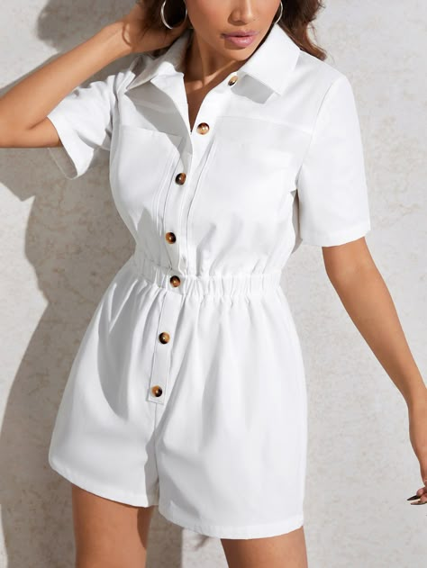 White Casual Collar Short Sleeve Fabric Plain Shirt Embellished Non-Stretch Summer Women Clothing Short Jumpsuits For Women Summer Outfits, White Jumpsuit Short, Jamsutes For Women, Jumpsuits Short For Women, Short Jumpsuit Outfit Casual Summer, Jumpsuit Outfit Short, Shorts Jumpsuit Outfit, Romper Styling, Jumpsuit Shorts Outfit