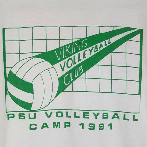 Vintage 1991 Portland State University Vikings Volleyball Camp Avia T-Shirt M Double Sided Single Stitch Oregon Screen Stars 50/50 Made in USA Manufacturer Size: M (runs small see measurements) Vintage condition: Stains, ring around the collar, graphic distressing, yellowing/discoloring. See photos. Color: White- yellowing from age and use. Approximate measurements laying flat in inches: Chest (pit to pit): 17-1/2 Length (shoulder to hem): 26 ***Measurements are provided for best fit as sizes ca Sportswear Logo Design, Vintage Camp Tshirts, Retro Volleyball Shirt, Vintage Athletic Logo, Graphic Vintage Tees, Vintage Gym Shirt, Retro Sports Graphics, Vintage Sports Shirt, Vintage Sports Graphics