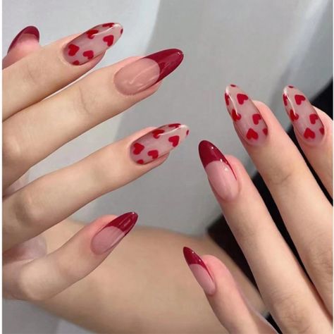 February Nails, Cherry Nails, Heart Nails, Valentine's Day Nails, Valentines Nails, False Nails, Almond Nails, Glue On Nails, Nail Art Design