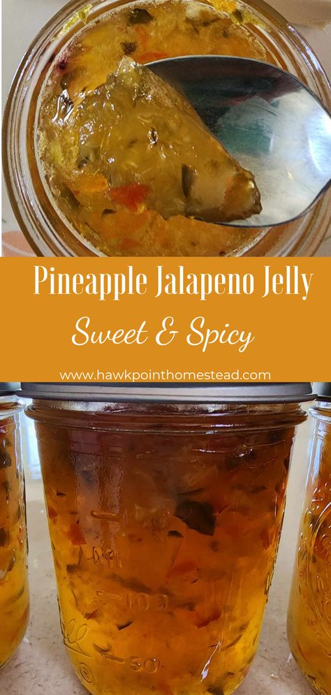 This sweet and spicy pineapple jalapeno jelly recipe is an easy recipe and results in such a delightful and delicious jelly. The pineapple jalapeno jelly is so wonderful to serve at any get-together. Pair it with cream cheese and crackers and no one can resist! It can also be used as a delicious glaze on different meats, such as chicken and pork chops.  Homemade jelly is such a great gift, especially this yummy pepper fruity jelly that can be used in so many delicious ways! Sweet Spicy Jalapenos, Jalepeno Pineapple Jelly, Sweet Jalapenos Canned, Jalapeño Rhubarb Jelly, Pineapple Pepper Jam, Pineapple Pepper Jelly Recipe Canning, Jalapeno Pepper Jelly Recipe Canning, Things To Make With Jalapeno Peppers, Pineapple Jalapeño Jelly