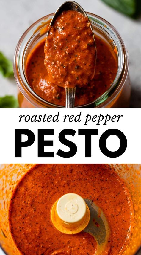 This easy Red Pepper Pesto is rich, smoky, and sweet, making it fantastic on everything! Use it as a pasta sauce, a topping for pizza, salad dressing, and so much more. Red Pepper Mushroom Recipes, Red Pepper Pasta Salad, Bell Pepper Pesto Recipe, Green Pepper Pasta Sauce, What To Make With Red Peppers, Roasted Red Pepper Pesto Recipes, Roasted Red Pepper Vinaigrette, Paprika Sauce Recipe, Roasted Red Peppers Sauce