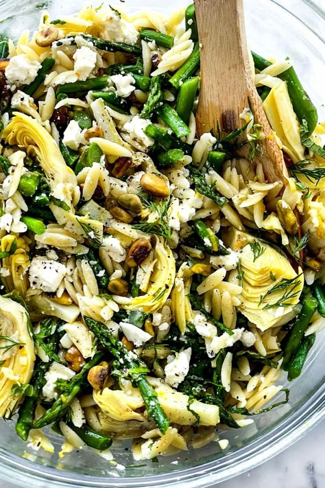 Orzo Salad with Asparagus, Artichoke Hearts and Feta | foodiecrush.com Salad Artichoke Hearts, Pasta Salad Artichoke, Orzo Salad With Asparagus, Salad Artichoke, Orzo Salat, Salad With Asparagus, Spring Side Dishes, Artichoke Salad, Orzo Salad Recipes