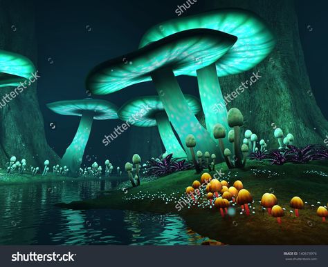 Dark Underground Lake With Colorful Fantasy Mushrooms Stock Photo ... Fantasy Poster, Fantasy Forest, Fantasy Places, Forest Art, Mushroom Art, Fantasy Art Landscapes, Fantasy Aesthetic, Arte Fantasy, Magical Forest