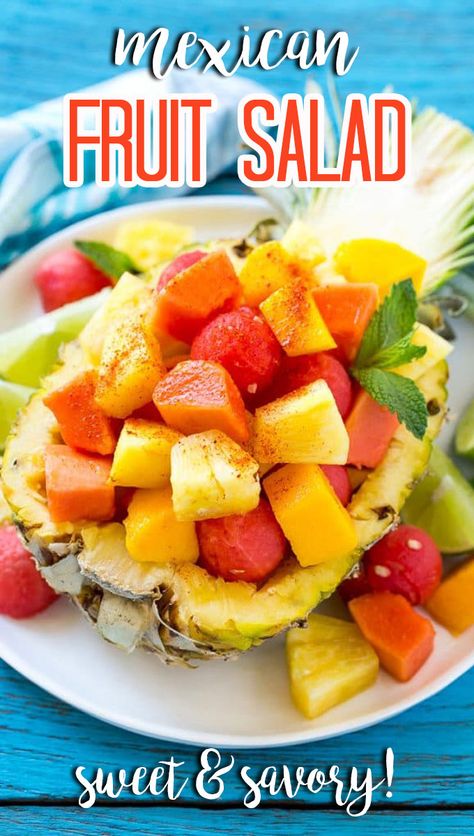 Mexican Fruit Salad, Spinach Salads, Mexican Fruit Salads, Mexican Fruit, Lime Seasoning, Zucchini Side Dishes, Tropical Fruit Salad, Chili Lime Seasoning, Mexican Salads