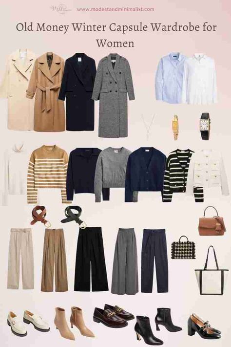 How to create an old-money capsule wardrobe for women? – Winter edition - Modest and Minimalist Capsule Wardrobe For Working Women, Classy Winter Capsule Wardrobe, Old Money Winter Women, Winter Outfit Ideas Dress To Impress, Old Money Winter Wardrobe, Old Money Coats Women, Fashion Outfits Old Money, Old Money Outfits For Winter, Wardrobe Clean Out