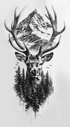 ↑↑↑ Larger size on website 🔸 The image is a black and white pencil drawing of a deer's head with large antlers. The antlers are f 🔸 From Midjourney AI Image Deer With Mountains Tattoo, Deer Antler Chest Tattoo, Antler Sleeve Tattoo, Womens Hunting Tattoos, Deer Mountain Tattoo, Deer Forest Tattoo, Drawing Of A Deer, Deer Tattoo Design, Deer Antler Tattoos