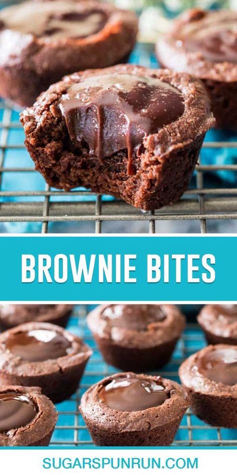 Fudgy brownie bites filled with an (optional) chocolate ganache filling! These are chocolatey, soft, and chewy treats that can be made in a mini muffin tin! Mini Brownie Cups Muffin Tins, Mini Brownie Bites With Frosting, Filled Brownie Cups, Cookie Cup Recipes Muffin Tins, Brownie Bites With Ganache, Brownie Muffin Tin, Mini Chocolate Desserts For Parties, Mini Muffin Tin Recipes Desserts Brownie Bites Cookie Cups, Mini Cookie Bites