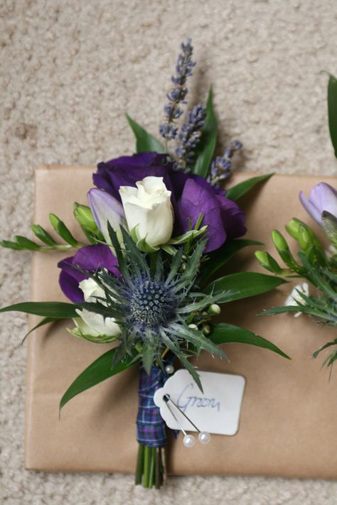 Scottish Wedding Ideas Decoration, Scottish Wedding Bouquet, Blue And Purple Boutonniere, Purple Buttonholes, Scottish Thistle Bouquet, Thistle Wedding Flowers, Thistle Buttonhole, Buttonholes Wedding, Blue And Purple Wedding