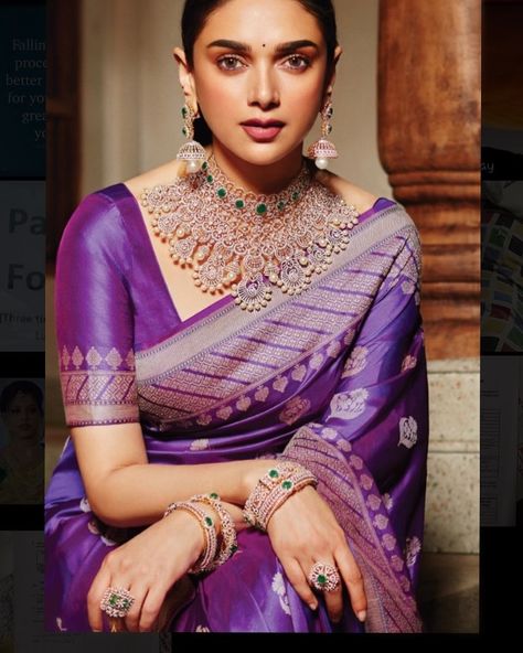 TheObsessedGal on Instagram: “@aditiraohydari for @grtjewellers 💜 #southindianjewellery #southindianbride #aditiraohydari” Purple Silk Saree, Simple Saree Designs, Purple Saree, Half Saree Designs, Dress Bride, Saree Designs Party Wear, Saree Blouse Designs Latest, Saree Models, Saree Trends