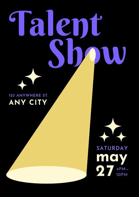 Black Illustration Event Talent Show Flyer #canva #canvastemplate #canvatemplate Talent Show Invitations, Talent Show Template, Poster For Event Ideas, Talent Show Graphic Design, Poster For An Event, Flyer Inspo Poster Designs, Met Gala Poster Design, School Event Poster Design, Live Show Poster