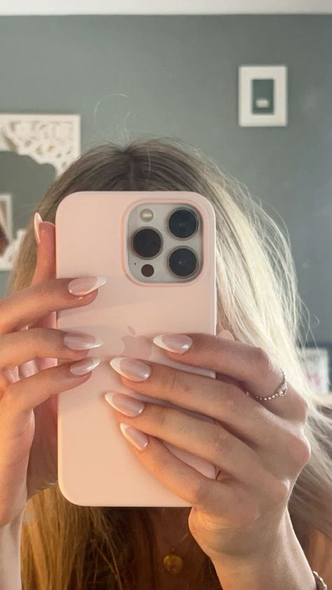 French Hailey Bieber Nails, Hailey Bieber Nails With French Tip, Glazed Doughnut Nails French, Hailey Bieber Glazed Doughnut Nails, Glazed French Nails, Hayley Bieber Nails, Glazed Doughnut Nails, Hailey Bieber Nail, Gel Acrylics