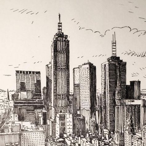 Cityscape Ink Drawing, New York Landscape Drawing, Dubai Skyline Drawing, Sketching Cityscapes, Modern City Drawing, Skyscraper Sketch, Skyscraper Drawing, City Scape Drawing, City Skyline Drawing