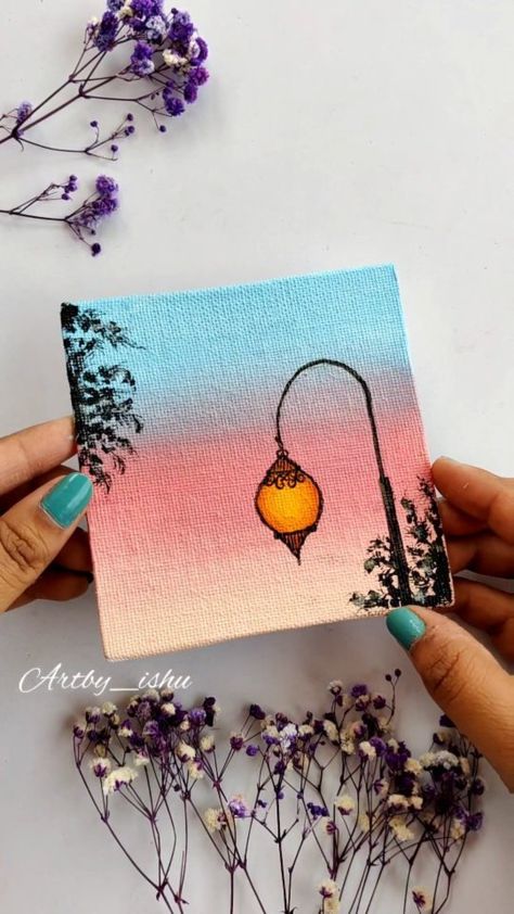 Easy Things To Paint On Canvases Aesthetic, Colourful Painting Ideas, Art Ideas Aesthetic, Cubbon Park, Lamp Painting, Country Lamp, Lamp Sunset, Sky Art Painting, Boho Art Drawings