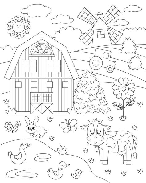 Vector black and white farm landscape illustration. Rural outline village scene with animals, barn, tractor. Nature background with pond, meadow, cow. Country field card or coloring page Kids Printable Coloring Pages, Precious Moments Coloring Pages, Farm Coloring Pages, Farm Theme Birthday, Farm Pictures, Farm Animal Coloring Pages, Spring Animals, Spring Coloring Pages, Easy Coloring Pages