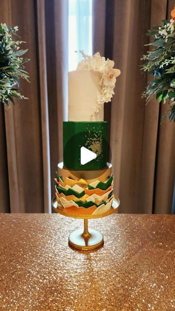 3 Tier Wedding Cakes, Colorful Wedding, Tiered Wedding Cake, Hunter Green, Metallic Gold, Burnt Orange, Cream Color, Wedding Cake, Fondant